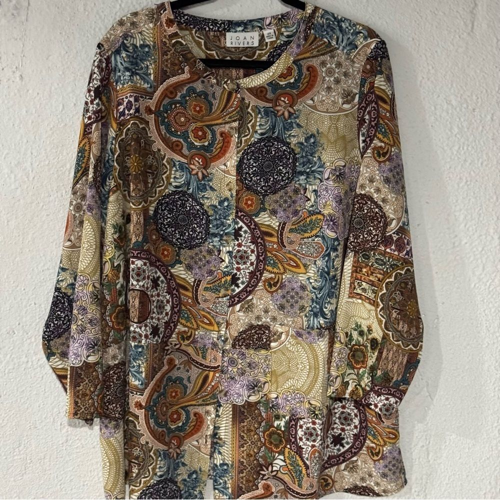 Joan Rivers sz 2X blouse tunic top paisley print brown gold beige button front